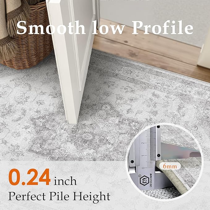 Gray Area Rug 5x8 Washable Living Room Carpet Vintage Non Slip Soft Bedroom Indoor Office Retro Grey Low Pile Thin Oriental Medallion Large Rug for Dining Room Bathroom Kitchen