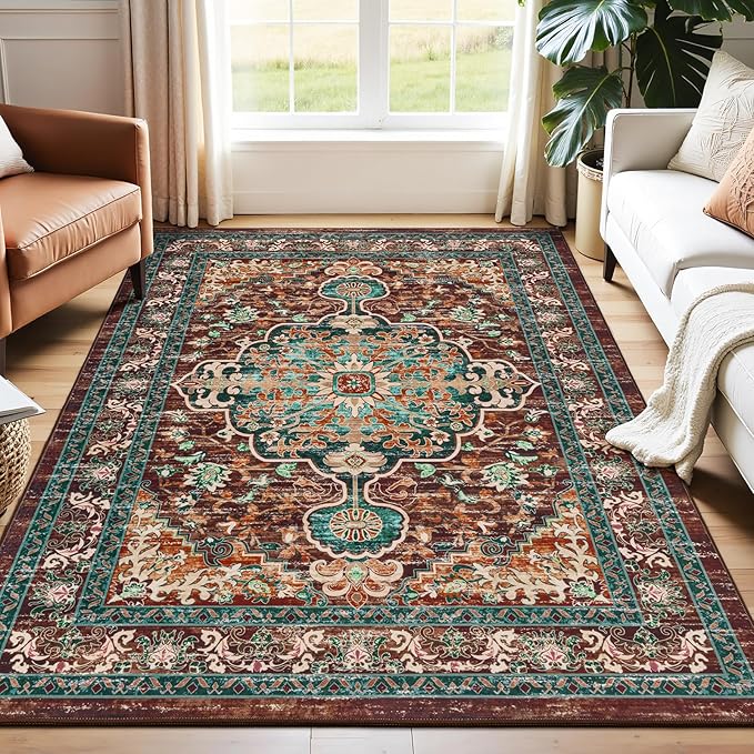 U'Artlines Boho Vintage Area Rug 4x6 ft Machine Washable Low Pile Soft Floor Carpet Non Slip Non Shedding Accent Rug for Living Room Bedroom Entryway Dining Room Office Rust＆Teal