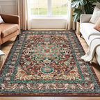 U'Artlines Boho Vintage Area Rug 4x6 ft Machine Washable Low Pile Soft Floor Carpet Non Slip Non Shedding Accent Rug for Living Room Bedroom Entryway Dining Room Office Rust＆Teal