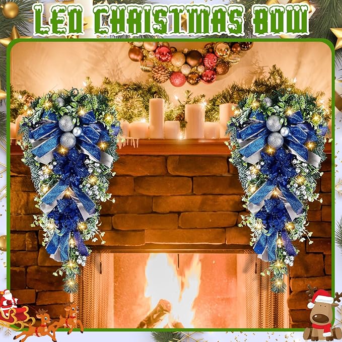 Lyrow 4 Pcs Cordless Prelit Christmas Artificial Swags 24" Xmas Stairway Swag Teardrop Trim with Timer Christmas Staircase Decoration Battery Operated Garland for Indoor Outdoor Railing Decor, Blue