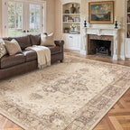 Brown 8x10 Area Rug Washable Vintage Living Room Carpet Non Slip Retro Distressed Low Pile Soft Oriental Medallion Thin Large Throw Rug for Office Bedroom Dining Room Playroom