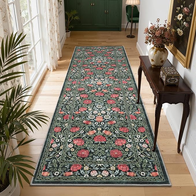 GarveeHome Green Vintage Floral 2x6 Runner Rug Washable Kitchen Rugs Non Slip Boho Long Rug for Hallways Bedroom Entryway Bathroom Mat with Rubber Back