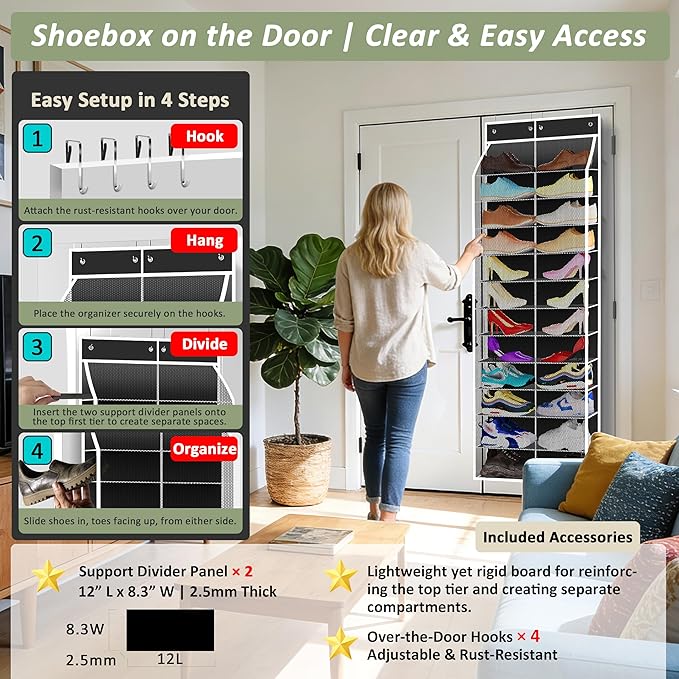 24-Pair Over Door Shoe Organizer for Family & Kids, Double Sided | Hanging Storage for Sneakers, Boots, Toys & Room Organization-Obsidian Black