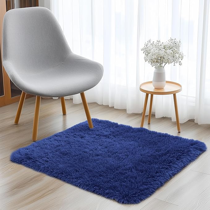 OLANLY 3x3 Machine Washable Small Bedside Rug, Soft Fluffy Shaggy Entryway Throw Rugs for Bedroom, Living Room, Indoor Floor Carpet for Kids Girls and Boys, Nursery Rooms, Home Decor, Navy Blue
