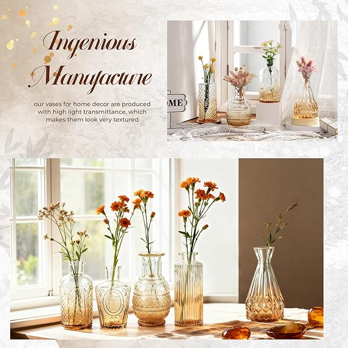 Der Rose Amber Glass Bud Vases Set of 20, Small Bud Vases for Flowers, Rustic Wedding Centerpieces and Home Decor
