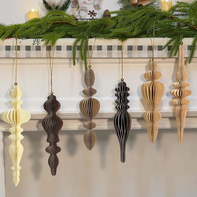 6Pcs Christmas Honeycomb Ornaments for Tree, 3D Paper Honeycomb Hanging Decorations Vintage Finial Christmas Ornaments Lanterns for Xmas Tree New Year Holiday Party Home Decor, Brown Khaki Beige