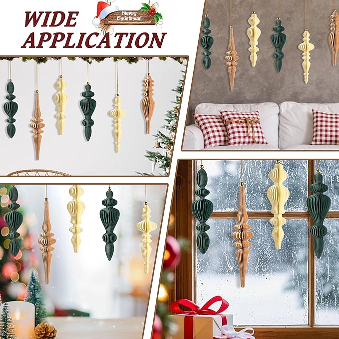 6Pcs Neutral Finial Christmas Ornaments for Tree, 3D Paper Honeycomb Hanging Decorations Vintage Christmas Honeycomb Ornaments Lanterns for Xmas Tree Winter New Year Holiday Party Home Decor