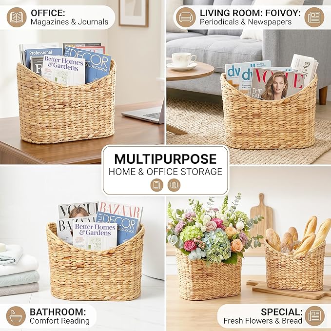 Magazines Holder - Wicker Magazine Rack, Handwoven Magazine Holders for Bathroom, Magazine Organizer for Books, Newspaper, Water Hyacinth Magazine Basket with Handle, 14x11.5x6.7inch