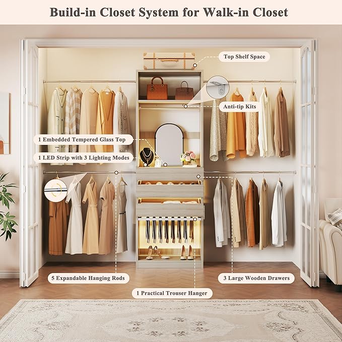Closet System, 4-8FT Closet Organizer with 3 Wood Drawers & Glass Top, 102'' Walk in Closet with 5 Hang Rods & LED Lights & Trouser Rack, Built-in Wardrobe Clothes Rack with Shelves & Tower,White Oak