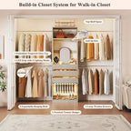 Closet System, 4-8FT Closet Organizer with 3 Wood Drawers & Glass Top, 102'' Walk in Closet with 5 Hang Rods & LED Lights & Trouser Rack, Built-in Wardrobe Clothes Rack with Shelves & Tower,White Oak