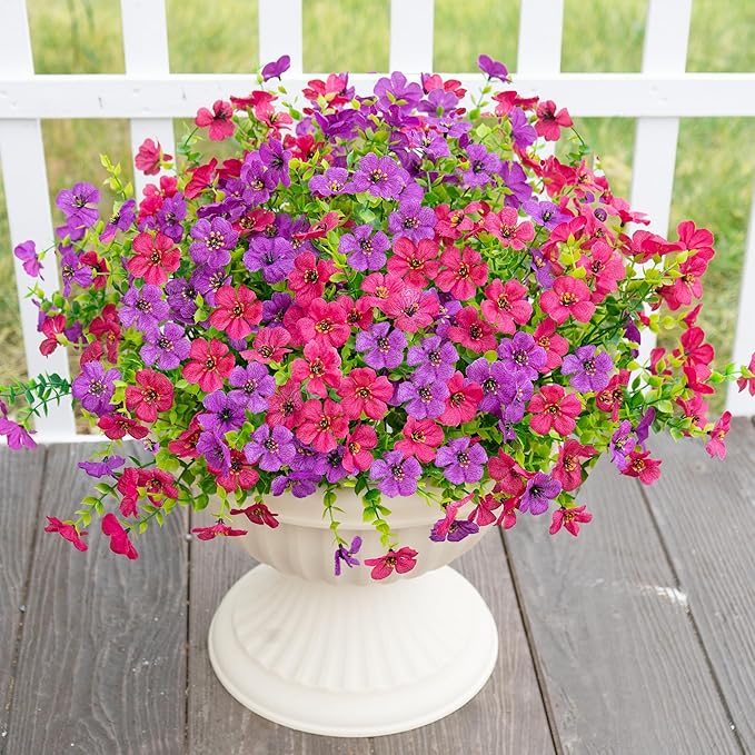 Artificial Fake Flowers Plants for Outdoors Spring Summer Decoration,16 Bundles Faux Flowers Silk Daisy Plants UV Resistant for Outside Planters Front Porch Patio Window Garden(Light Purple,Fuchsia)