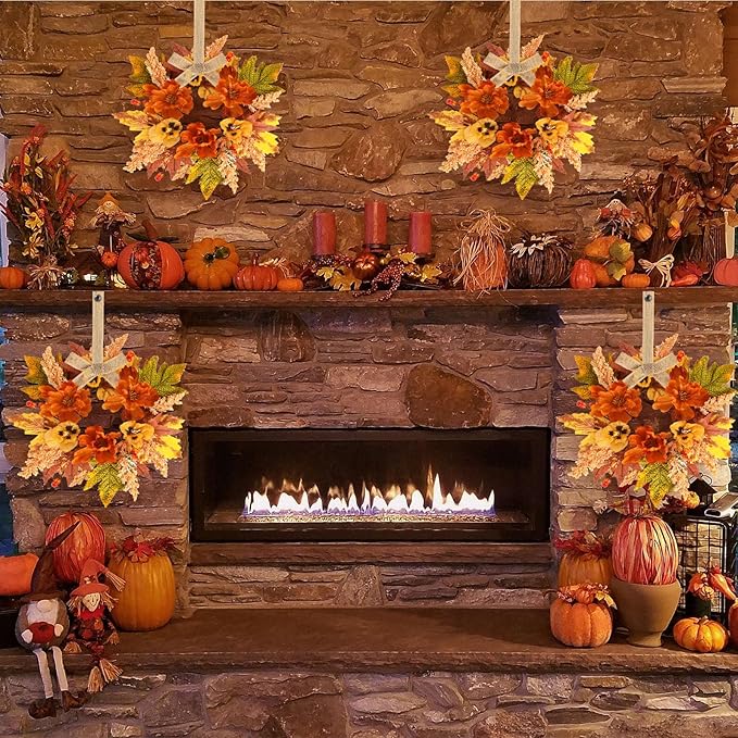 4 Pcs Fall Floral Swags Wreaths Mini Autumn Artificial Candle Rings Wreaths with Berries 3 inch Farmhouse Cabinets Hanging Wreath for Pillar Front Door Porch Wall Window Decoration