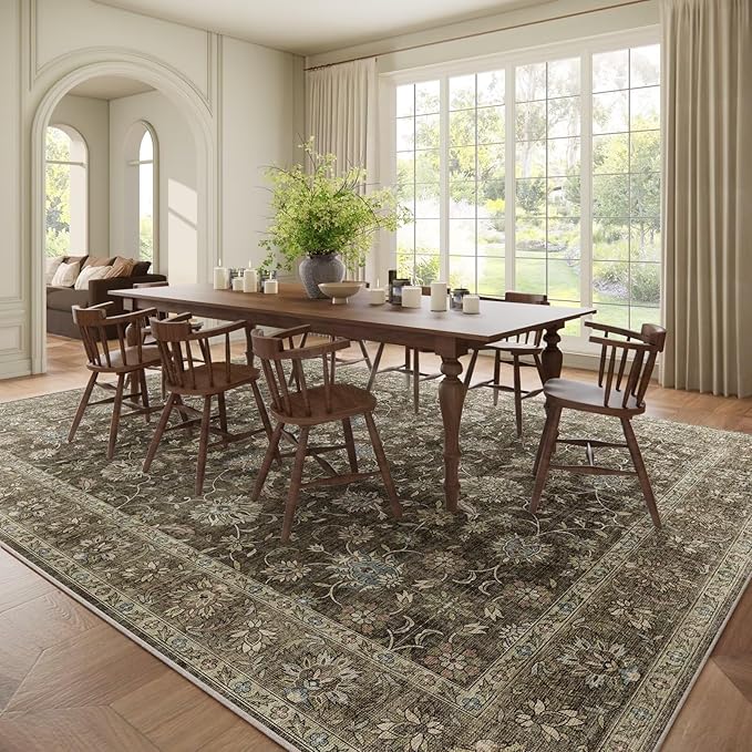 Washable 9x12 Area Rugs for Living Room, Boho Non-Slip Vintage Distress Lager Rugs for Bedroom Dining Room Nursery Office, 0.3" Neutral Oriental Throw Thin Carpet, Tan/Flaxen/Multi