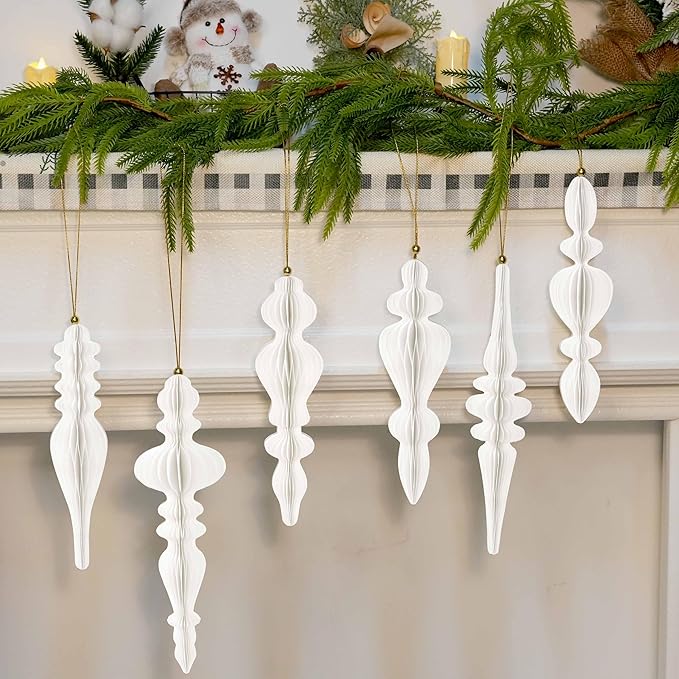 6Pcs White Finial Christmas Ornaments for Tree, 3D Paper Honeycomb Hanging Decorations Vintage Christmas Honeycomb Ornaments Lanterns for Xmas Tree Winter Wedding New Year Holiday Party Home Decor