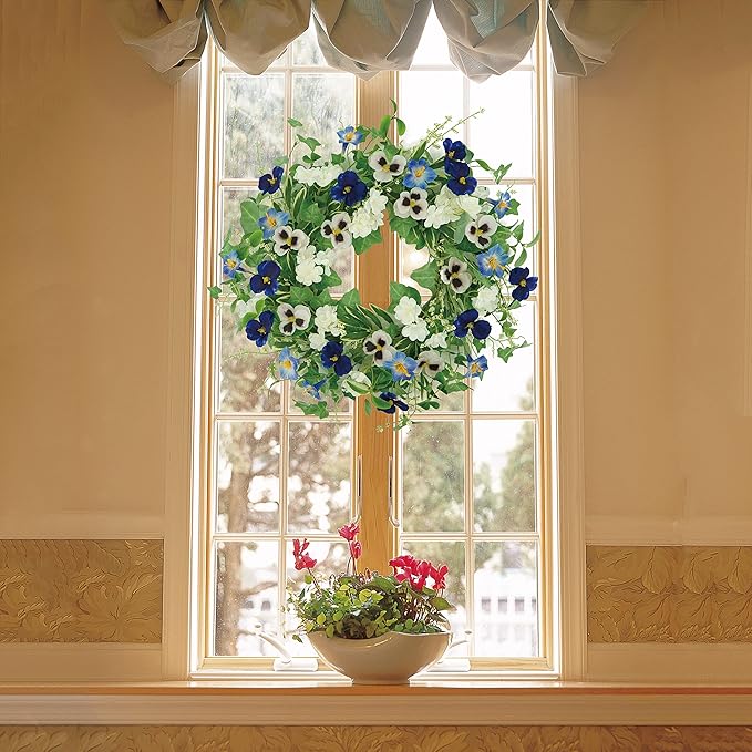 AMF0RESJ Artificial Spring Summer Wreath for Front Door with Pansy Flower,Lavender Morning Glory for Front Door Indoor Outdoor Farmhouse Home Wall Window Festival Wedding Decor,