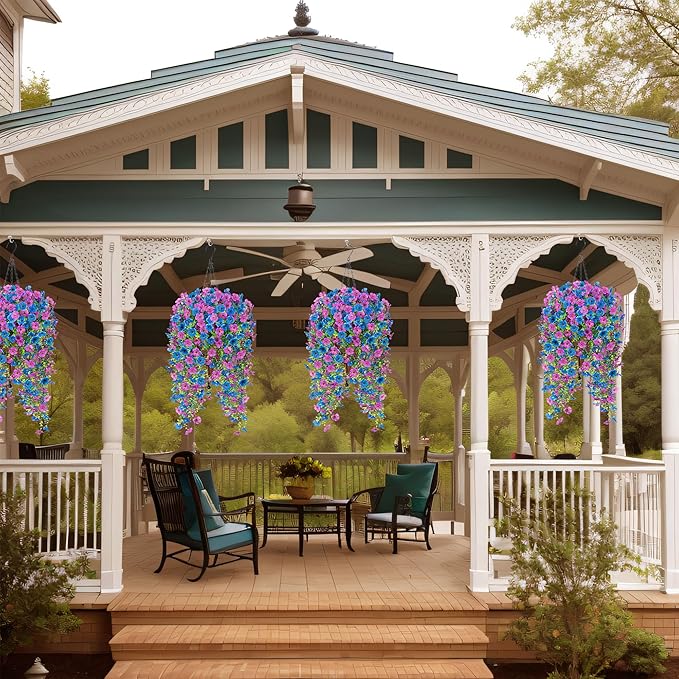 Artificial Flowers for Outdoors Home Decor, 2 Packs Faux Daisy Silk Flower Realistic Fake Plants for Front Porch Courtyard Outside Hanging Floral Spring Summer Fake Planter Decoration (Purple Blue)