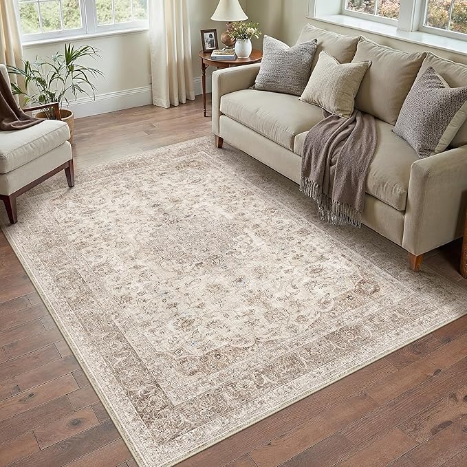 Beige Area Rug 3x4 Washable Office Entryway Vintage Carpet Low Pile Non Slip Distressed Door Mat Soft Traditional Retro Oriental Small Accent Throw Rug Kitchen Bedroom Bathroom Dining Room