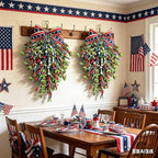 2 Pack 21'' Patriotic Teardrop Swag Wreaths for Cabinets Artificial 4th of July Swag Wreath with Red White Blue Floral and Berries for Independence Day Memorial Day Front Door Porch Window Wall Decor