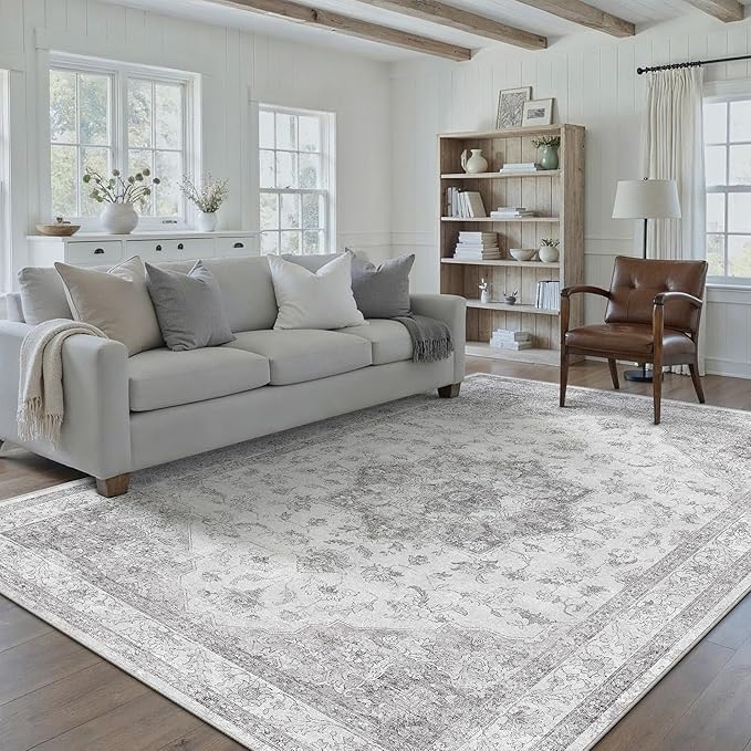 Grey Gray Area Rug 5x7 Washable Vintage Carpet for Living Room Office Soft Retro Low Pile Thin Indoor Rug Non Slip Oriental Medallion Floor Cover for Bedroom Dining Room