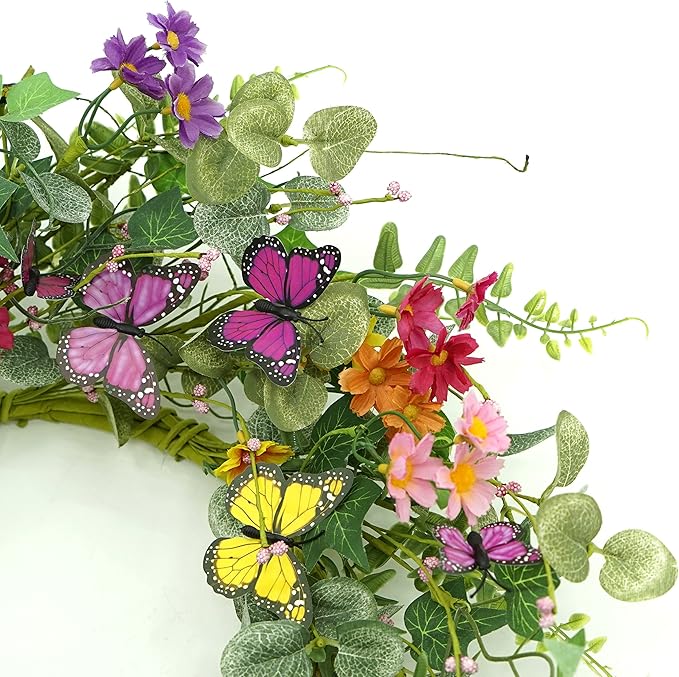 20" Artificial Spring Summer Wreath with Fake Butterflies,Eucalyptus Leaves,Daisy,Dry Vine Branches,Fern Leaves for Front Door Indoor Outdoor Farmhouse Wall Holiday Decor, White Gift Box Included