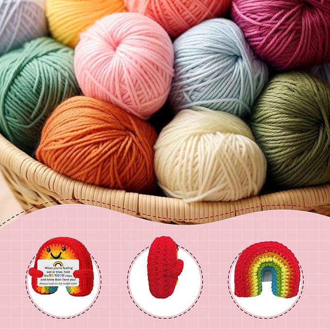 3 inch Positive Rainbow Handmade Knitted Wool Doll with Positive Card Inspiring Gifts for Cheer Up Emotional Support Encouragement Friends