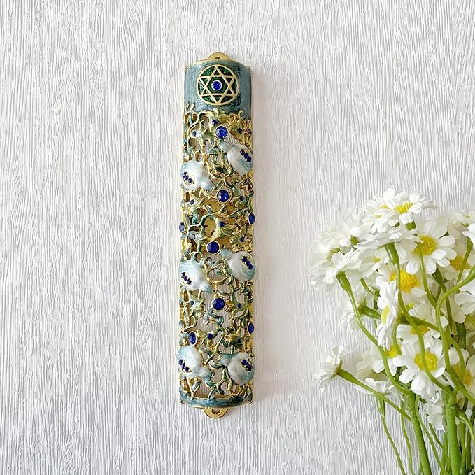 Hand Painted Mezuzah, Exquisite Enamel Mezuzah with Star of David and Blue Crystal Accent