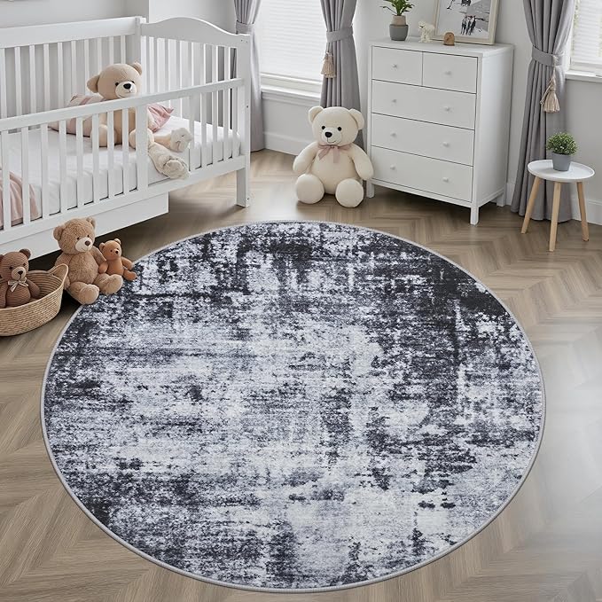 Round Area Rug for Living Room: 6 ft Washable Modern Abstract Soft Thin Rug Indoor Floor No Slip Stain Resistant Carpet for Bedroom Dining Room Farmhouse Nursery Home Office - Dark Black