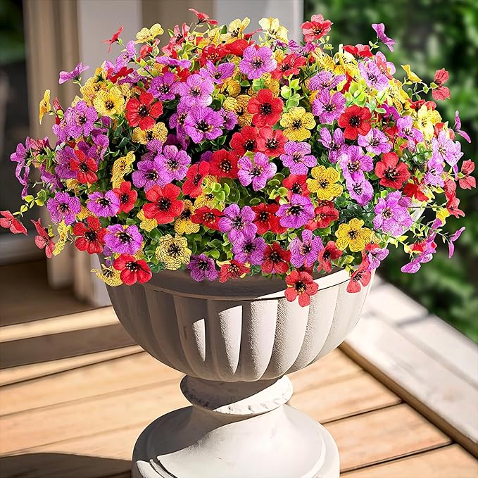 Artificial Flowers for Outdoors Potted Spring Decor, 12 Bundles Fake Summer Daisy with Realistic Eucalyptus Leaves, Faux Plants for Greenery Boxwood Porch Patio Garden Pot Lawn(Red Purple Yellow)