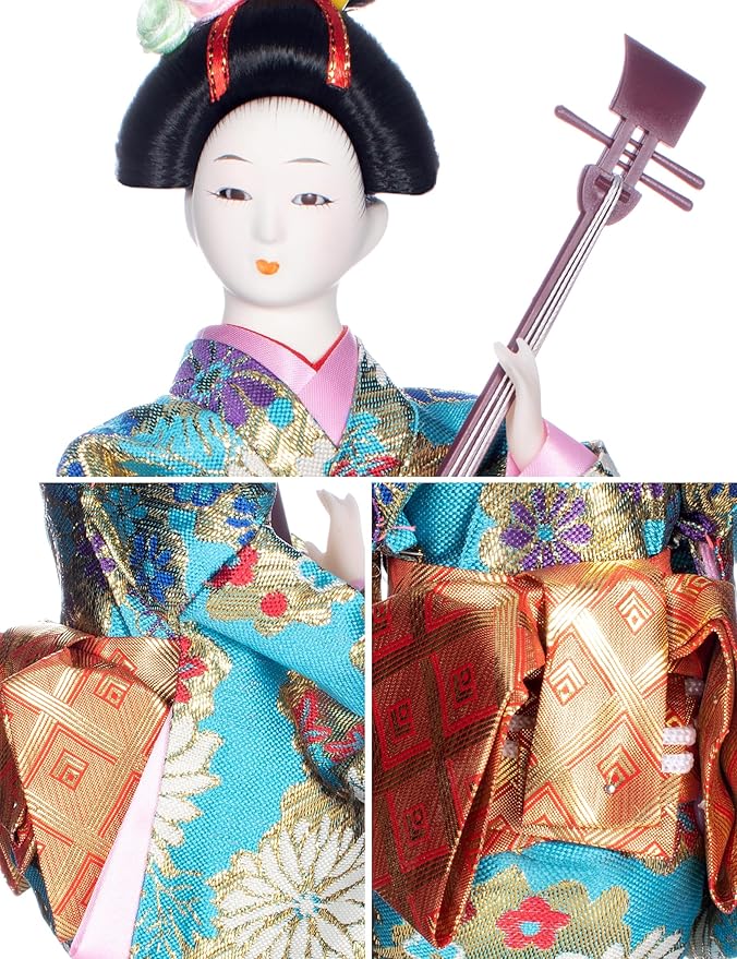 ALAMIYA Home Decoration Asian Japanese Geisha Kimono Doll Collectible Figurine Gift with Paper Fan