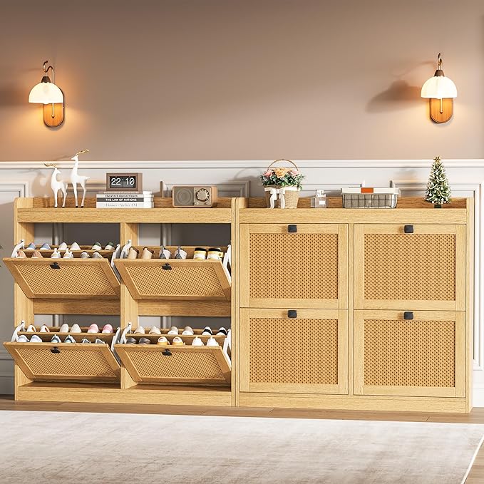 GarveeHome Shoe Cabinet Rattan with 4 Flip Drawers, Wooden Freestanding Shoe Organizer with Adjustable Shelves, Shoe Storage for Entryway, Closet, Hallway