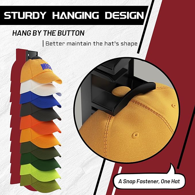 Hat Organizer Hold up to 20 Hats, 2 Pack Hat Rack for Wall with Strong Adhesive, Hat Organizer for Baseball Caps Display for Door Closet, Hat Hanger Holder Multilayer Two Mounting Option(Black)