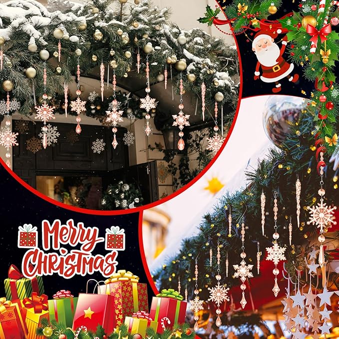 Giegxin 32 Pcs Crystal Christmas Ornaments Crystal Hanging Snowflakes Acrylic Xmas Tree Icicle Drop Decorations with Hooks for Christmas Snow Party Winter(Champagne)