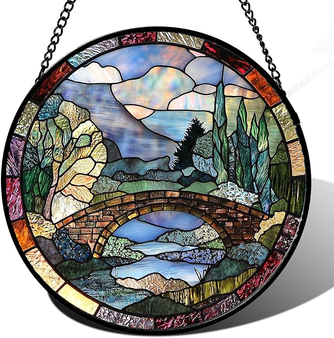 Stained Glass Window Hanging, Blue Landscape Arch Bridge Sun Catcher for Door Home Decor Suncatcher Christmas Mother's Day Birthday Gifts for Women Men Mom and Nana 11.8 in