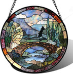 Stained Glass Window Hanging, Blue Landscape Arch Bridge Sun Catcher for Door Home Decor Suncatcher Christmas Mother's Day Birthday Gifts for Women Men Mom and Nana 9.8 in