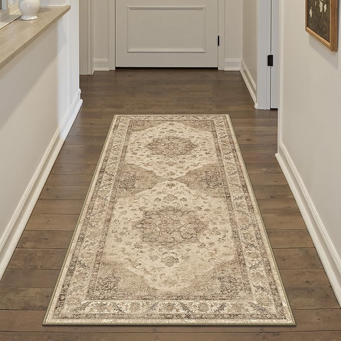 Brown Runner Rug 2x6 Washable Vintage Long Carpet for Hallway Kitchen Soft Retro Low Pile Thin Indoor Runner Non Slip Oriental Medallion Throw Rug for Bathroom Bedroom Laundry Dining Room