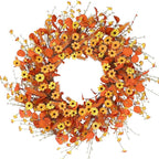 Sggvecsy Fall Wreath 24'' Autumn Harvest Daisy Wreath with Orange Eucalyptus Foam Leaves Grain Daisies Berries for Outside Indoor Home Wall Festival Thanksgiving Decor