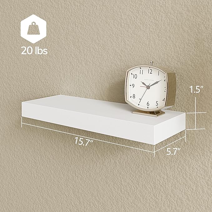 BAMEOS Floating Shelves, White Wall Mounted Wooden Shelves with Invisible Brackets Set of 2, Hanging Wall Shelves Decoration for Bedroom, Bathroom, Living Room and Kitchen