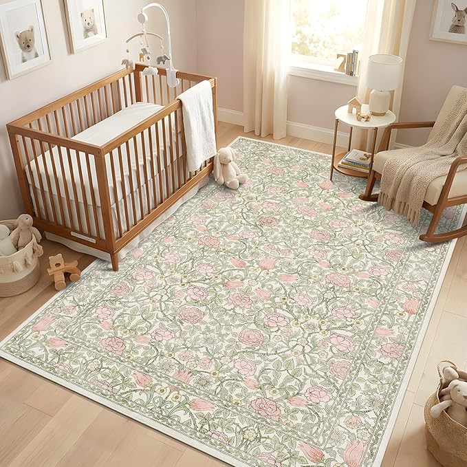 GarveeHome Pink and Green Vintage Floral Washable Rugs 6x9 for Living Room Boho Retro Botanical Rug Low Pile Stain Resistance Non Slip Carpet for Bedroom Nursery Dining Room
