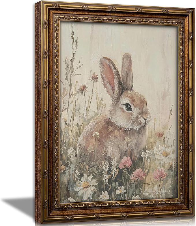Vintage Gold Framed Bunny Wall Art, Spring Rabbit and Wildflowers Cottagecore Painting Canvas Print, Country Animal Picture Wall Decor, Rustic Farmhouse Floral Poster Artwork for Living Room Bedroom