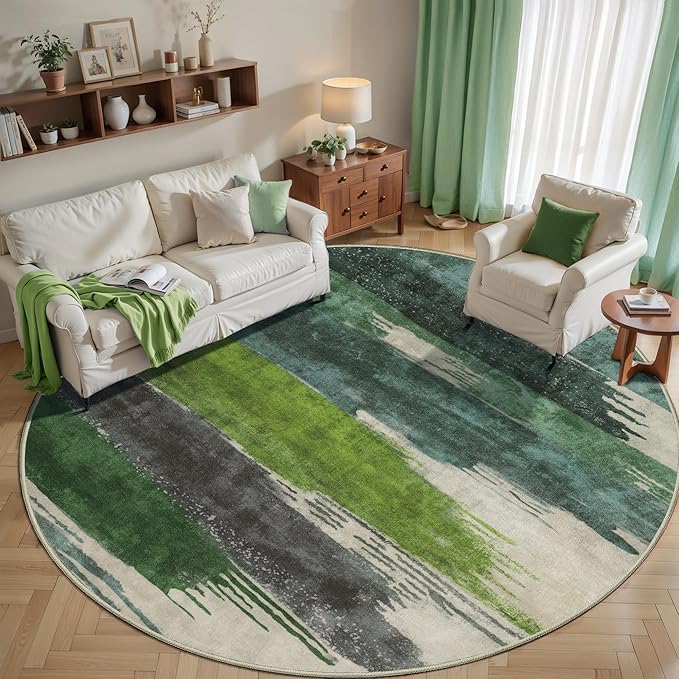 Ciicool 8ft Round Washable Rug, Modern Abstract Circle Rugs, Non-Slip Thin Lightweight Rug Green Circular Print Distressed Carpet for Bedroom Living Room Under Dining Table Home Office Decor