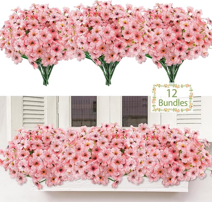 MACTING Artificial Flowers for Outdoors 12 Bundles Fake Flowers UV Resistant Faux Plastic Plants No Fade for Hanging Planters Window Patio Porch Garden Home Indoor Outside Decorations,Pink