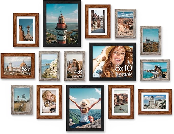 Vittanly 15 Pack Picture Frames Collage Wall Decor for Mounting or Tabletop Display, Gallery Frame Set Including 3pcs 8x10, 6pcs 5x7, 6pcs 4x6, Black, Walnut Brown and Dark Grey