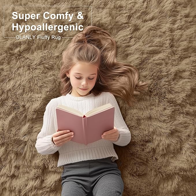 OLANLY 8x10 Machine Washable Large Area Rugs for Living Room, Bedroom, Soft Fluffy Shaggy Bedside Rug, Indoor Floor Carpet for Kids Girls and Boys, Dorms, Nursery, Home Decor Aesthetic, Taupe