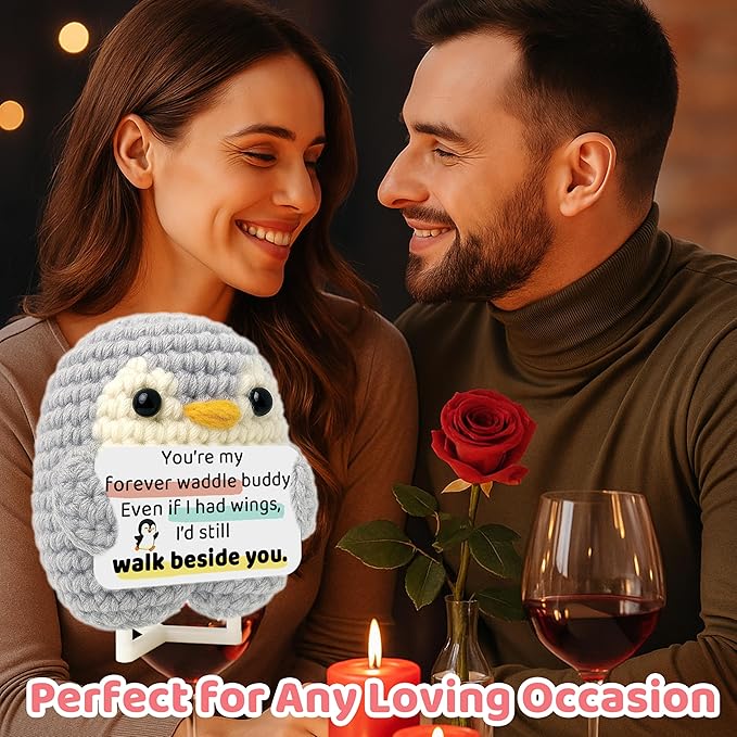 Crimmy Love Romantic Gifts for Him Her Boyfriend Girlfriend, Crochet Penguin Anniversary Birthday Present for Women Men, Christmas Valentines Gift for Couples Wife Husband (Grey Love Penguin)