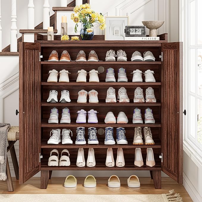 IRONCK Shoe Cabinet with Slatted Doors, 6-Tier Shoe Storage Cabinet with Adjustable Shelves, Wooden Shoe Rack Organizer for Entryway, Hallway, Closet, Living Room, Walnut