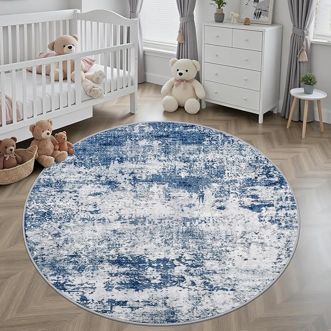 Round Area Rug for Living Room: 5 ft Washable Modern Abstract Soft Thin Rug Indoor Floor No Slip Stain Resistant Carpet for Bedroom Dining Room Farmhouse Nursery Home Office - Blue