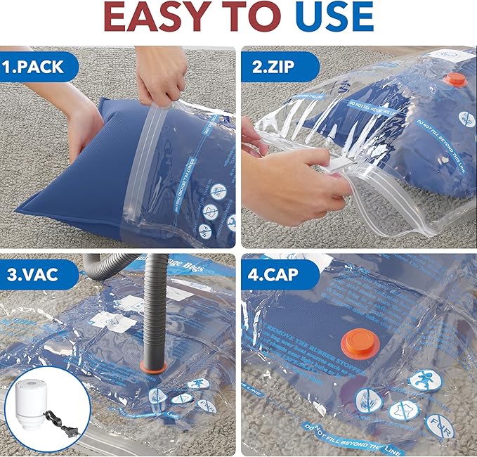 8 Pack Vacuum Storage Bags with Electric Air Pump，2 Jumbo,2 Large,2 Midium,2 Small Bags Space Saver Sealer Bags, Airtight Compression Bags for Clothes, Pillows, Comforters, Blankets, Bedding, Clothing