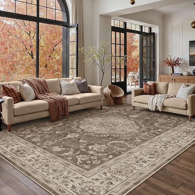 8x10 Area Rug Brown Washable Living Room Vintage Carpet Bedroom Large Non Slip Soft Low Pile Soft Thin Dining Room Office Accent Throw Rug