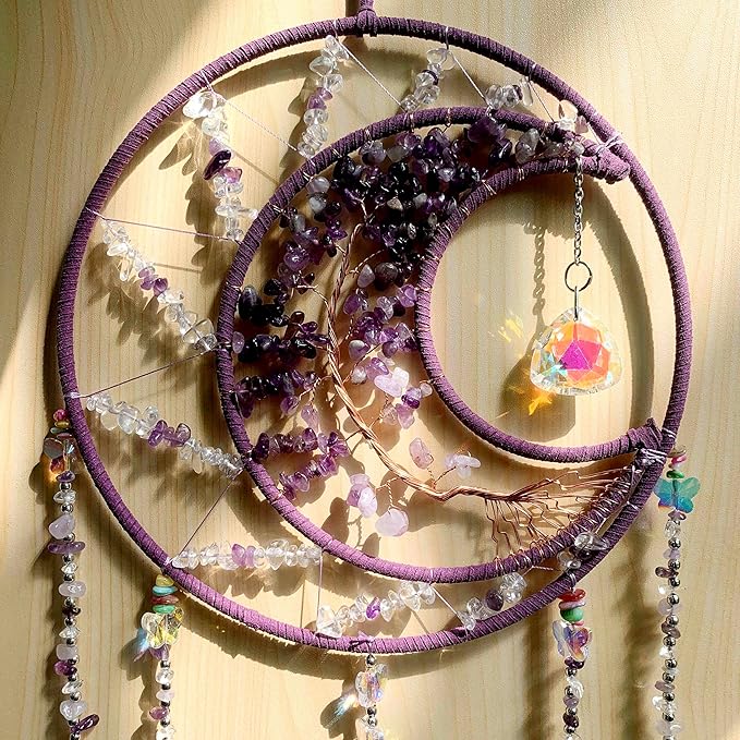 Large Dream Catchers, Crystal Tree of Life Dreamcatcher with Rainbow Healing Agate Slice Wind Chime Suncatcher for Windows Hangings Prism Decoration Gifts for Adult Girls Bedroom Garden Room Decor