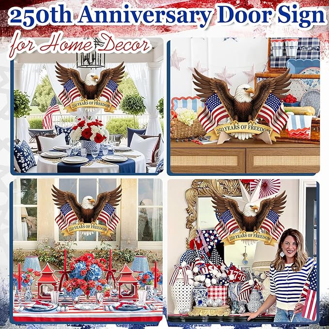 250 Anniversary 4th of July Decoration Door Wreath for Front Door Sign Patriotic Eagle Wall Signs 250 Years of Freedom 1776-2026,Independence Day Patriotic Day Wreath Memorial Day Hanging for Home